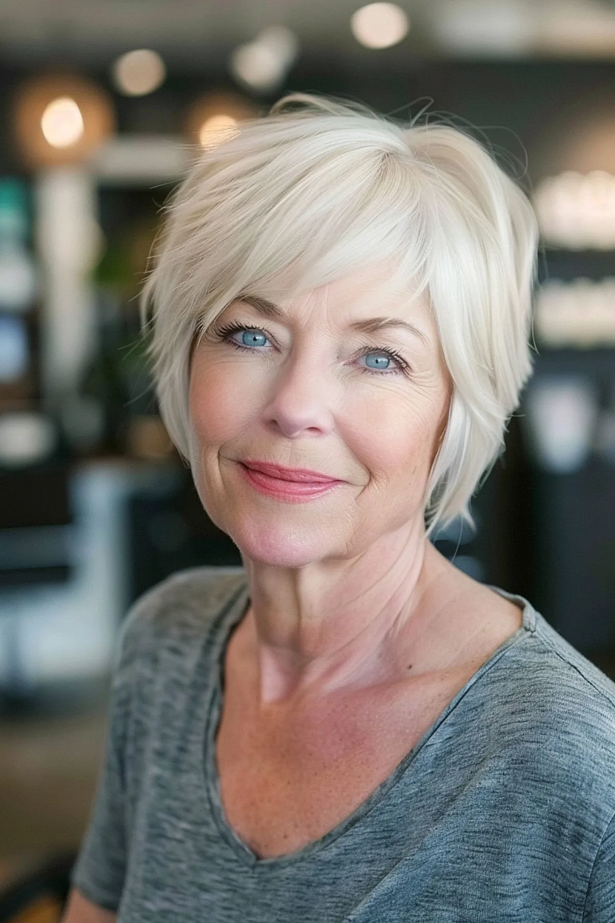 chic blonde bob with side-swept bangs for older women