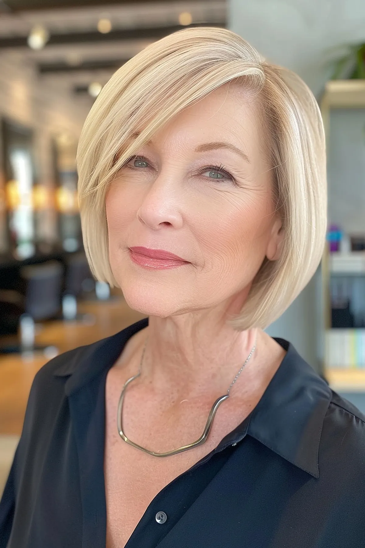 gentle chin-length bob featuring a side part for older women