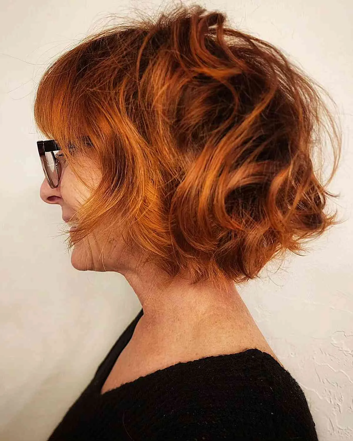 Stunning Coppery Tousled Bob for Older Women with glasses