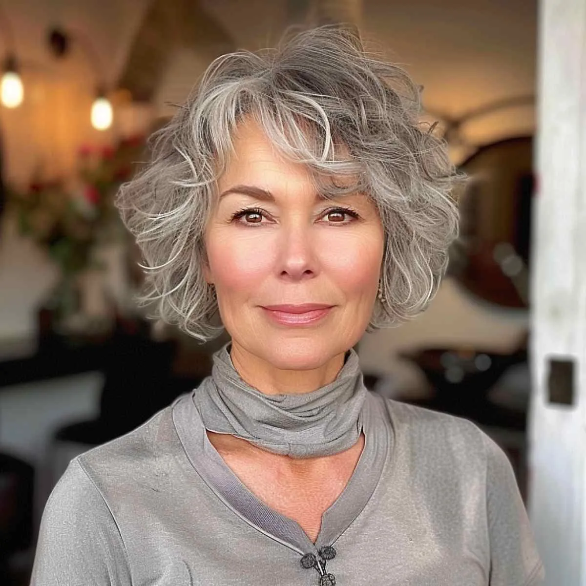 stylish short and curly grey hair